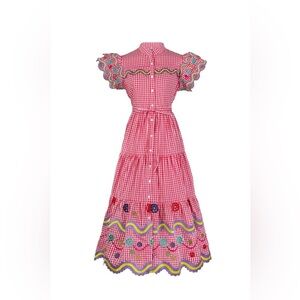 CELIA B Reise Dress Vichy Red Embroidered Art to Wear Size XS NWT